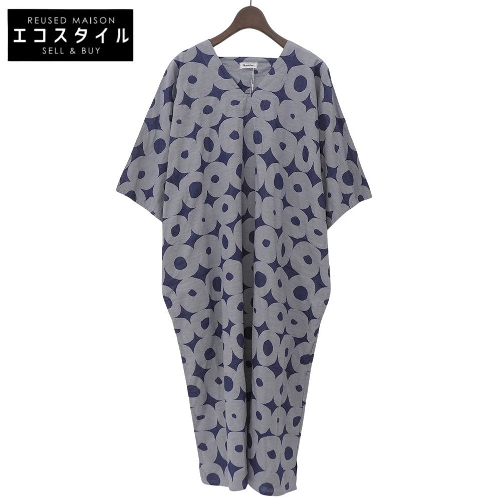 Plantation プランテーション 美品 コットン Vネック ドット ワンピース レディース グレー×ブルー M 23年製 グレー/ブルー M