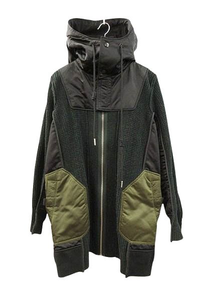 ディーゼル DIESEL ナイロン切替 異素材 ドッキング MA-1 S グリーン ウール ニット パーカー 長袖 トップス ジャケット アウター