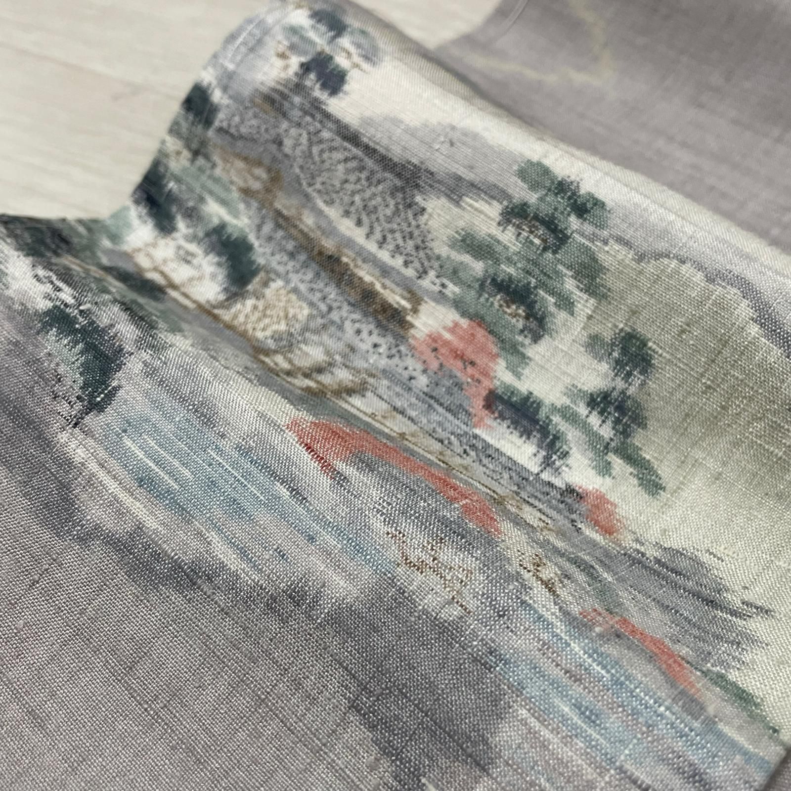 真綿紬 裄66 風景 雲模様 着物 正絹 X-1326