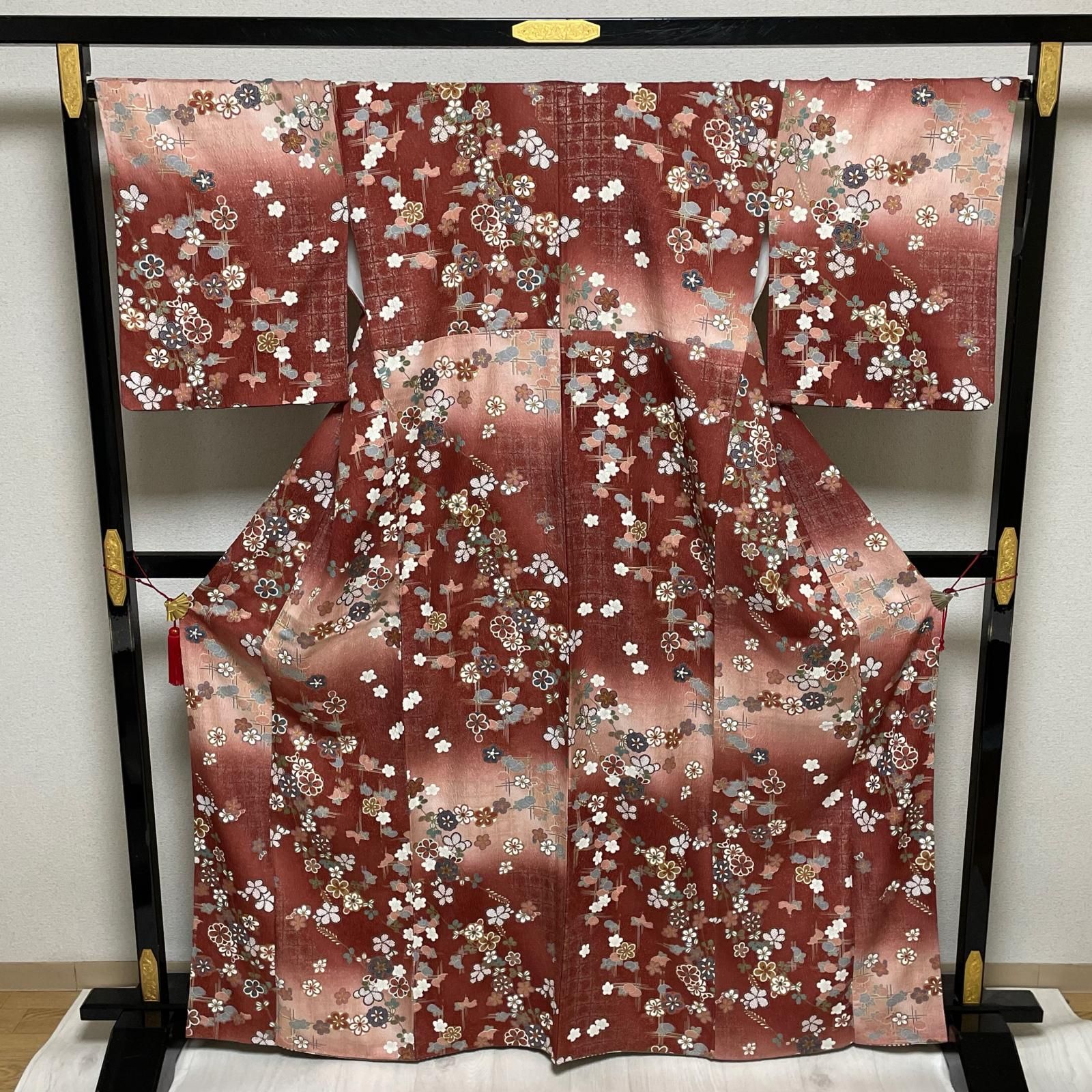 小紋 裄67 ふくれ織 華やかな花模様 着物 正絹 X-1343 - メルカリ