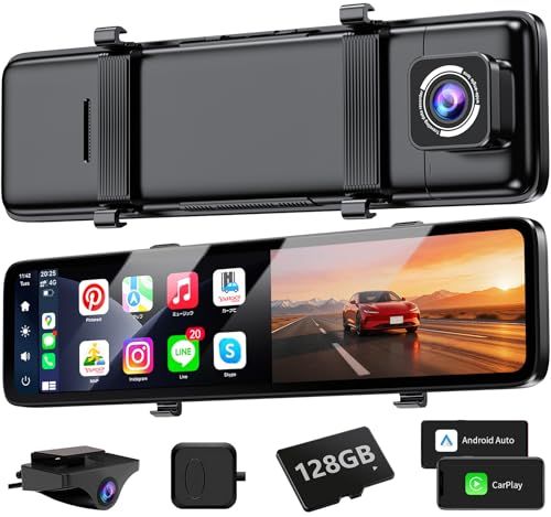 ドライブレコーダー ミラー型 前後カメラ【11インチ 128GBカード同梱 CarPlay AndroidAuto 】 ドラレコ 伸縮式フロントカメラ ガイドライン編集 24時間駐車監視 Gセンサー デジタルインナーミラー カーナビ/ドラレコ 5ef1a348