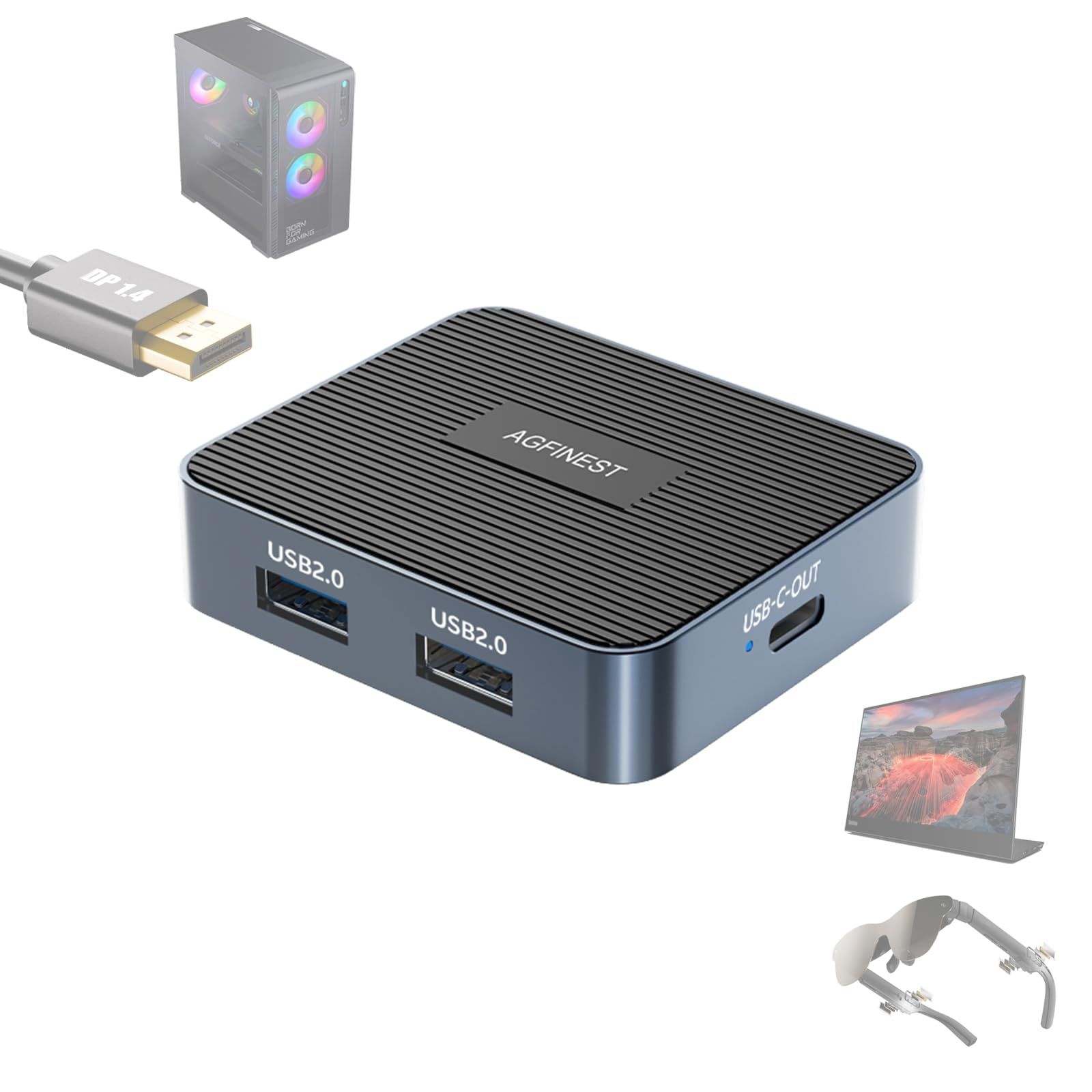 DisplayPort to USB-C変換アダプター｜USB2.0ハブ内蔵3ポート｜4K120Hz/2K240Hz HDR・10bit対応｜単方向（DP1.4 → Type-C）｜デスクトップPC・GPUのDisplayPort出力を、ARグラスや ...