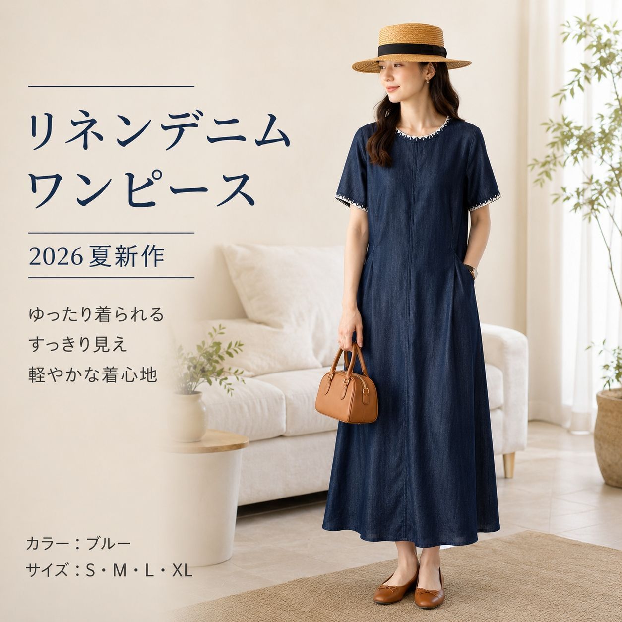 【送料無料】デニムワンピース レディース 夏 半袖 ミディ丈 テンセル素材 高腰 Aライン 体型カバー ゆったり シンプル 丸首 プルオーバー ブルー S M L XL 2026新作 きれいめ 大人カジュアル お出かけ 普段着