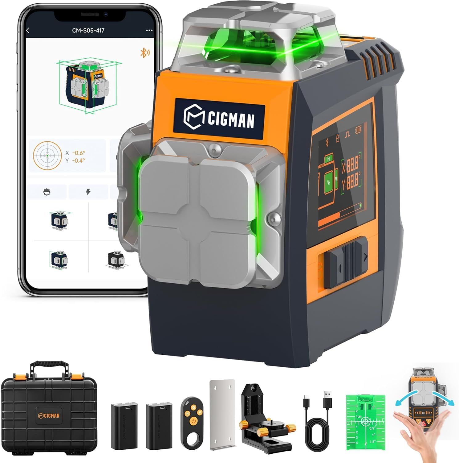 CIGMAN 4制御方式レーザー墨出し器 手勢/ボタン/リモコン/アプリ ±1.5mm高精度 3Dグリーンレーザー 頻閃モード搭載 長時間稼働 DIY プロ向け CM-S05(沖縄・離島の方不可)