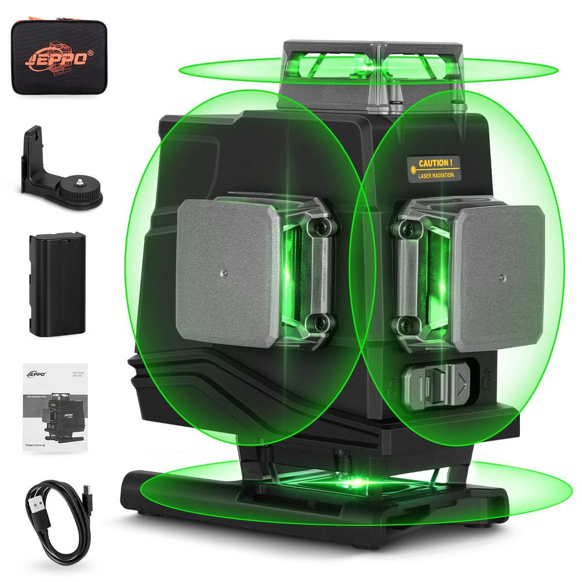 JEPPO レーザー墨出し器グリーンフルライン、4x360°墨出しレーザー自動補正、4D 16ラインオートレーザーレベルは壁掛け可能です、建築、天井、床タイル、掛け画像に適しています、調節可能な明るさ、APPリモートコントロール対応、充電(沖縄・離島の方不可)