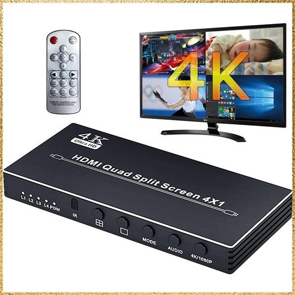 ☆彡送料無料でお届け☆彡 ELEVIEW 4K30Hz HDMI マルチビューワー 4入力1出力 4分割表示 PBP/PIP機能 アルミ製 シームレス切り替え スイッチャー 会議/分析/ゲーム/監視に適用 リモコン付き EHD-906N