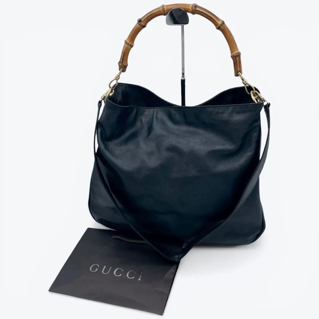 【真贋鑑定済み】GUCCI グッチ バンブーハンドル 2way レザー ワンショルダーバッグ ブラック 黒 本革 ホーボーバッグ A4収納可能 レディース オールドグッチ 正規品