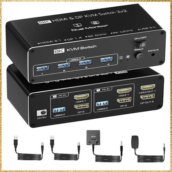 ☆彡送料無料でお届け☆彡 【8K 2モニター 同時出力】 HDMI DisplayPort KVM 切替器 2PC 切替 デュアル ディスプレイ HDMI DP USB 3.0 2入力 4出力 デュアル モニター KVM スイッチャー キーボード マウス 共有