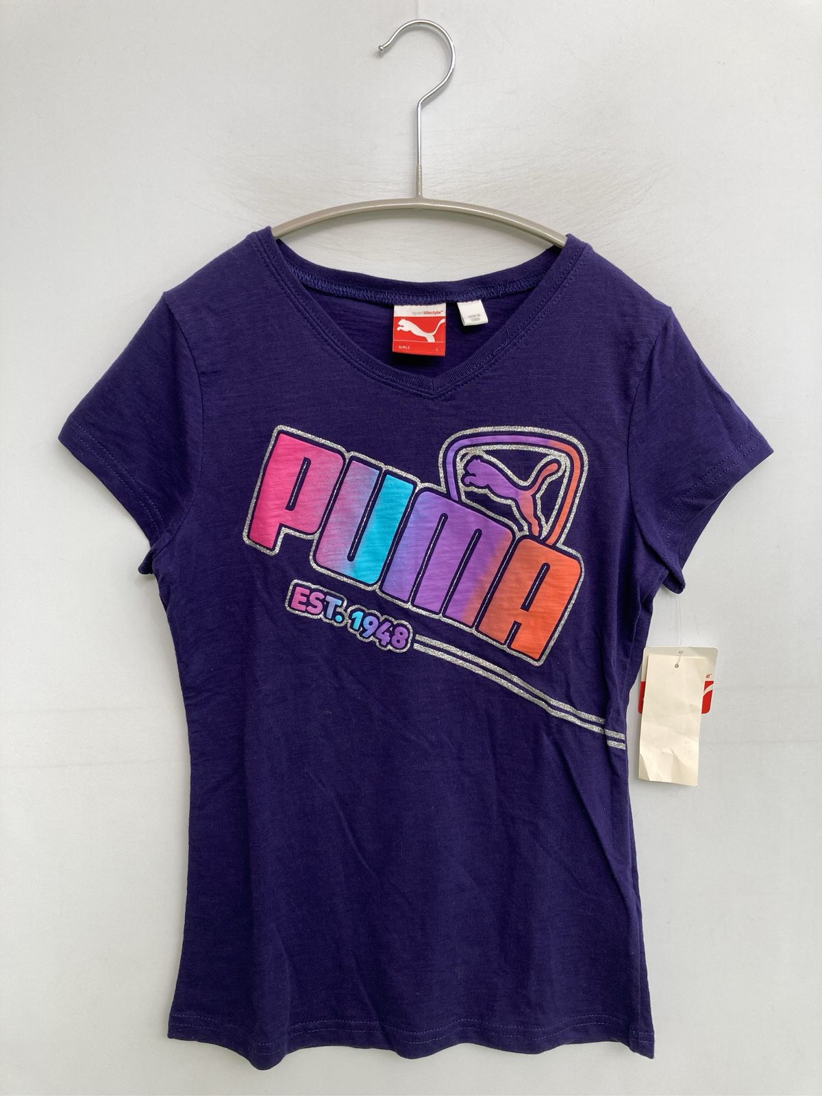 PUMA プーマ Tシャツ/カットソー L パープル 前面プリント ブランドロゴ ミドル丈 半袖 Vネック