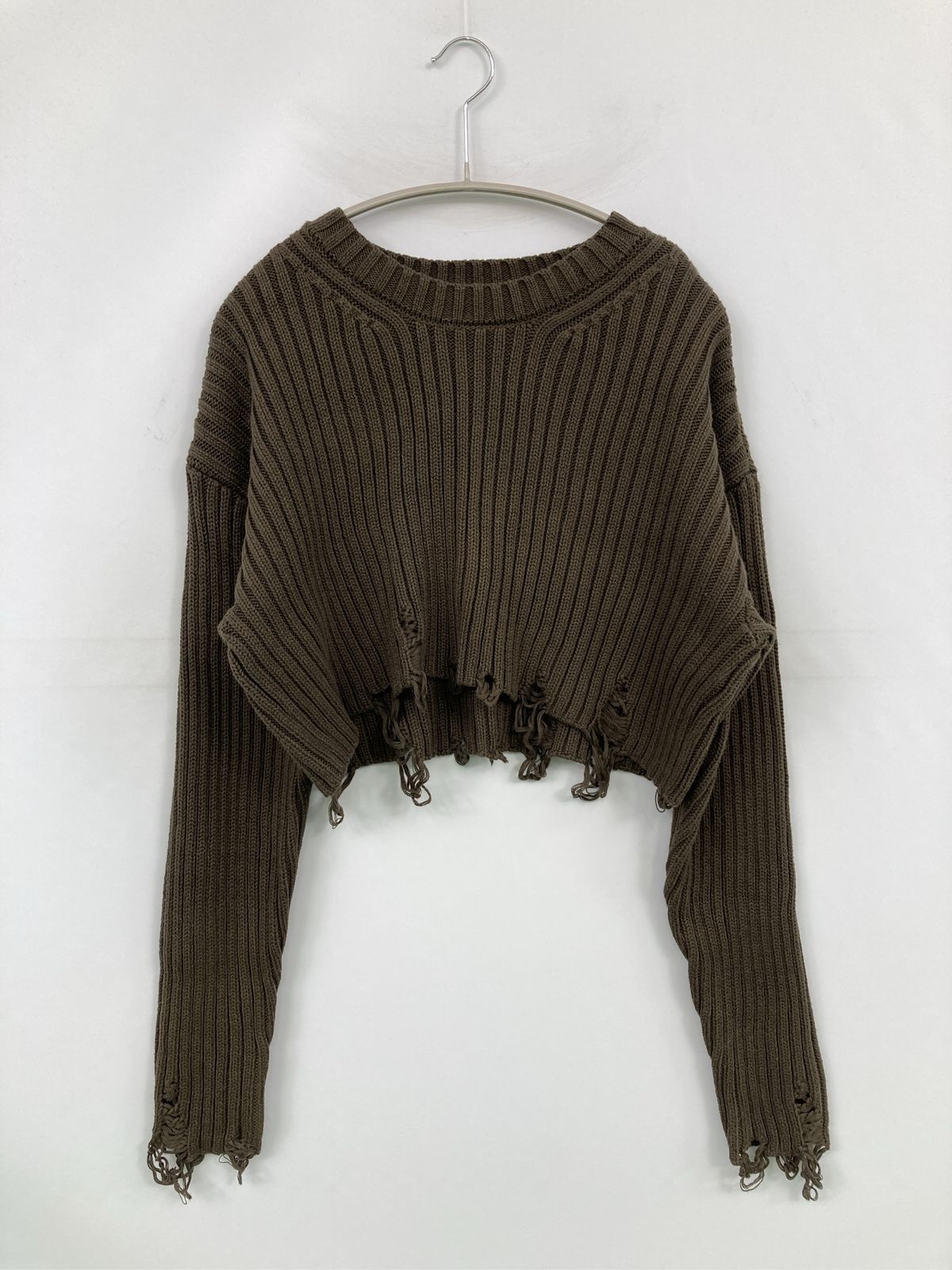 ZARA ザラ ニット/セーター USA L ブラウン コットン ニット 無地 ショート丈 長袖 クルーネック(丸首)