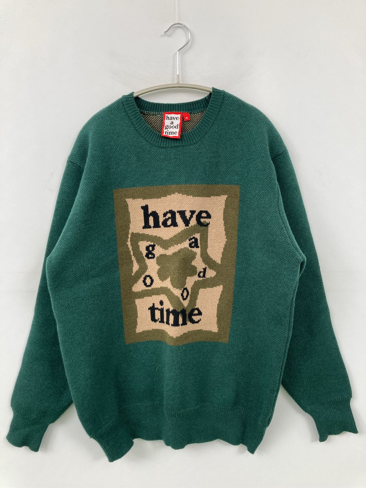 have a good time ハブアグッドタイム ニット/セーター M グリーン ナイロン ニット 前面プリント ブランドロゴ ミドル丈 長袖 クルーネック(丸首)