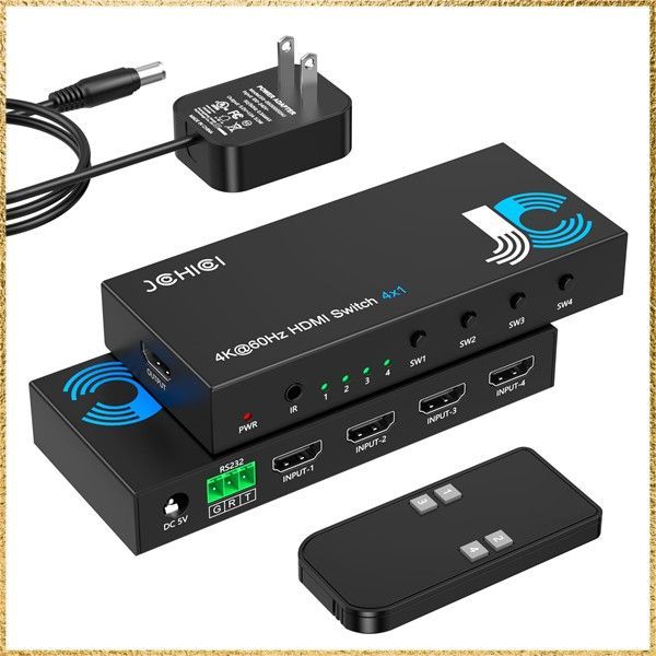 ☆彡送料無料でお届け☆彡 【RS-232 に対応】JCHICI HDMI 切り替え器 4入力1出力 4K@60Hz/2K@120Hz/1080P@240Hz HDMI2.0切替器 セレクター リモコン付き HDCP 2.2/HDMI 2.0 HDR 3D対応