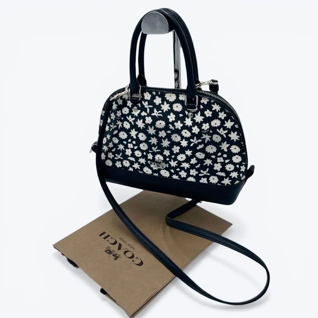 【真贋鑑定済み】COACH コーチ 花柄 フローラル 2way レザー ハンドバッグ ブラック 黒 本革 フラワー ショルダーバッグ 斜め掛け レディース 正規品