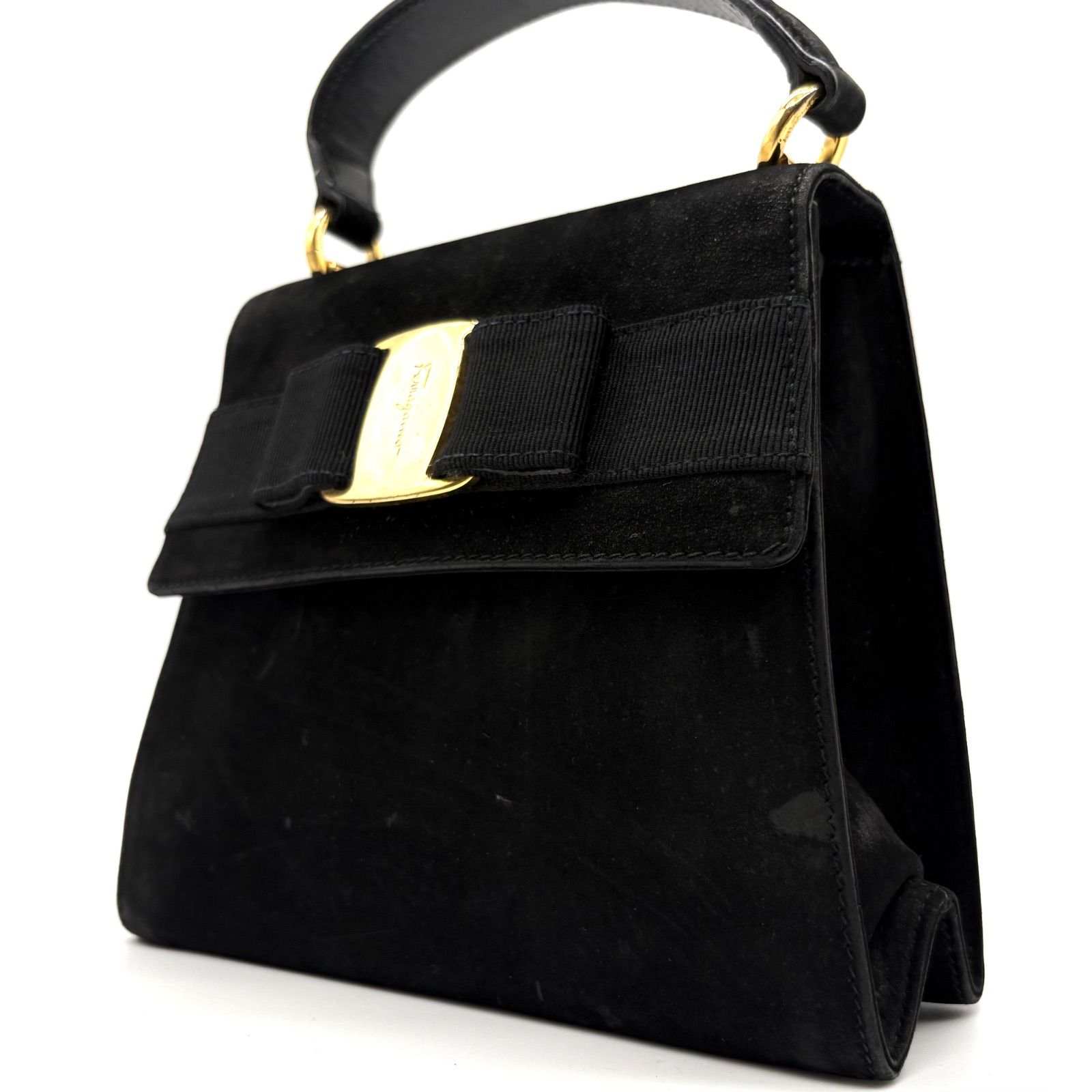 Salvatore Ferragamo 2way Vara Bow Suede Handbag Black サルヴァトーレ フェラガモ ヴァラ リボン スエード ハンドバッグ ブラック