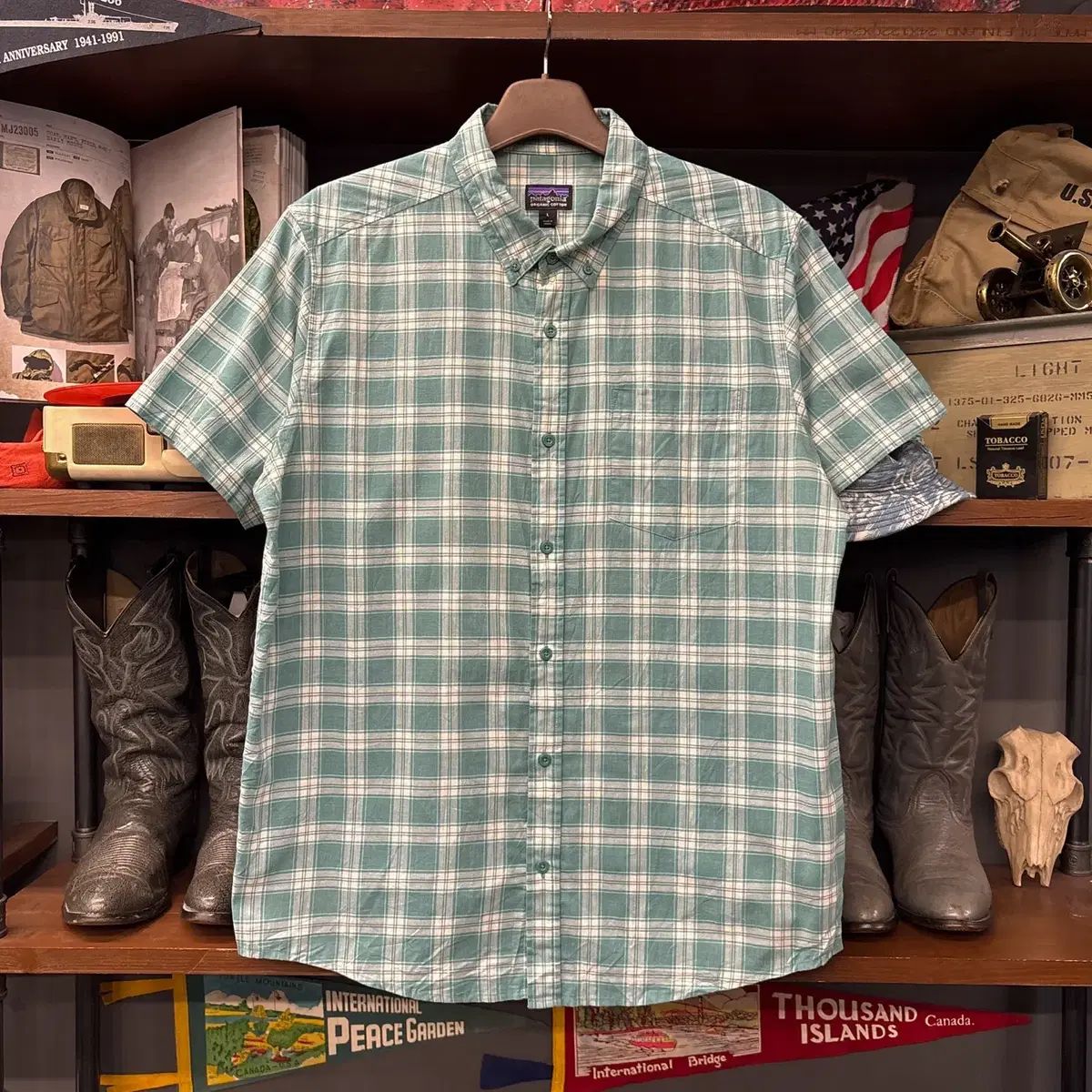 patagonia オーガニックコットン ミントボタン CHECK 半袖 シャツ N1268