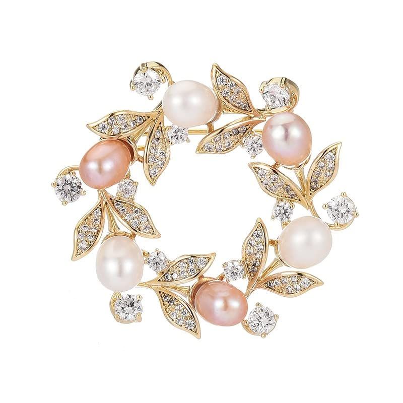 【新品】 淡水パール花ブローチキュービックジルコニア真珠花コサージュ卒業式入学式結婚式用お誕生日記念日母の日クリスマスなど女性母への贈り物ギフトBOX付き (リーフ風) 0