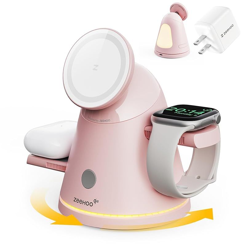 【新品】 ZEEHOO Appleデバイス用3in1ワイヤレス充電ステーション、Qi2認証Mag-Safe充電器スタンド＆ライト iPhone 16/15/14/13/12＆AirPods＆iWatch＆ピクセル 10＆サムスンギャラクシーウォッチ高速ワイ 1