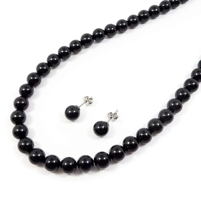 【新品】 [あなたと私の宝石箱] 漆黒 ジェットネックレス・ピアスセット・8.0ミリブラック