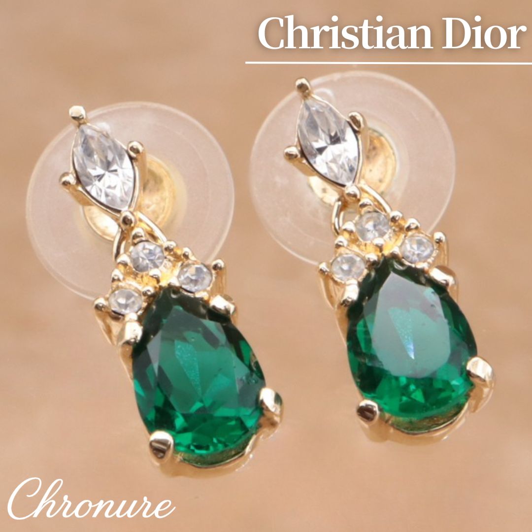 クリスチャンディオール Christian Dior カラーストーン グリーン ラインストーン ゴールド メッキ アクセサリー ジュエリー ファッション ヴィンテージ CH353