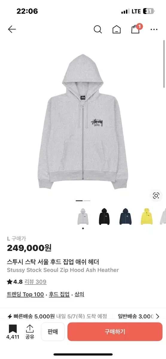 STUストック ソウル アッシュ ヘザー フーディー ジップアップ 29,109円