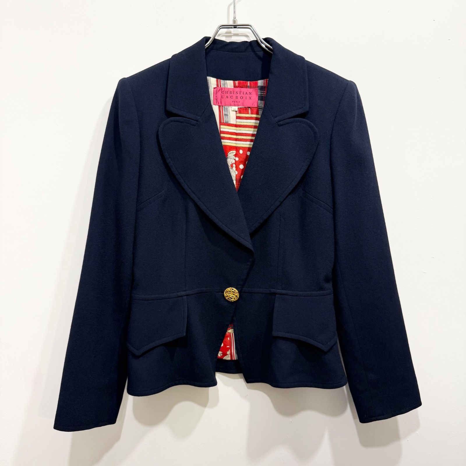 Christian Lacroix クリスチャン・ラクロワ フランス製 テーラードジャケット ハート型ラペル 丸襟 金ボタン ブレザー 紺ブレ 裏地総柄 38【送料込み】