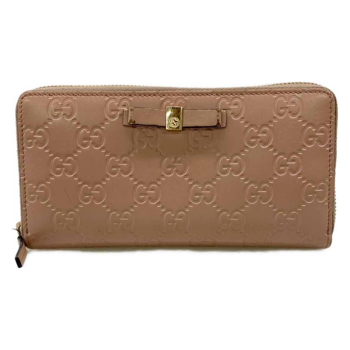 GUCCI(グッチ) 長財布 ボウイ,マイクログッチシマ 388680 ライトピンク ラウンドファスナー/リボン レザー