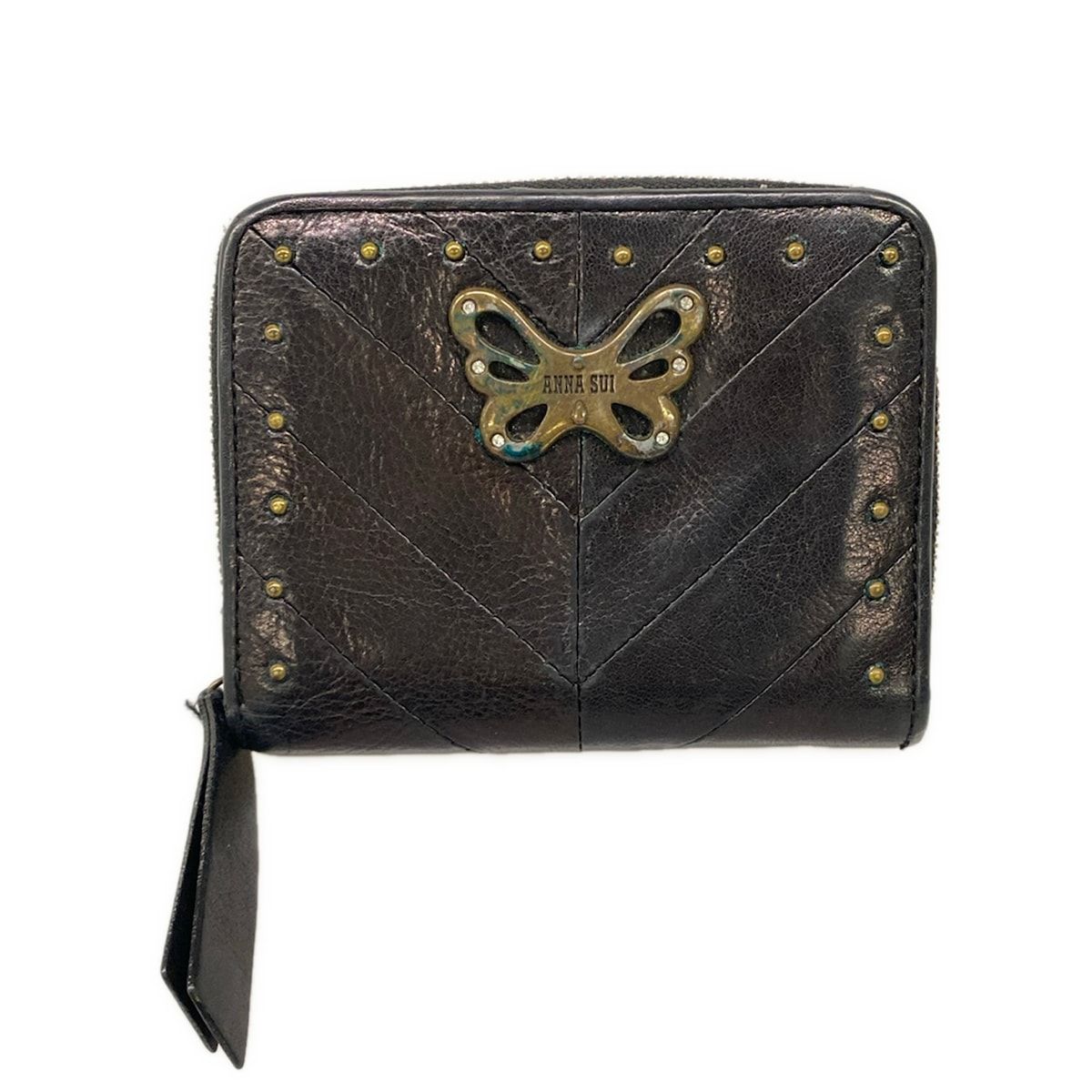 ANNA SUI(アナスイ) 2つ折り財布 - 黒×ゴールド パピヨンスタッズ レザー
