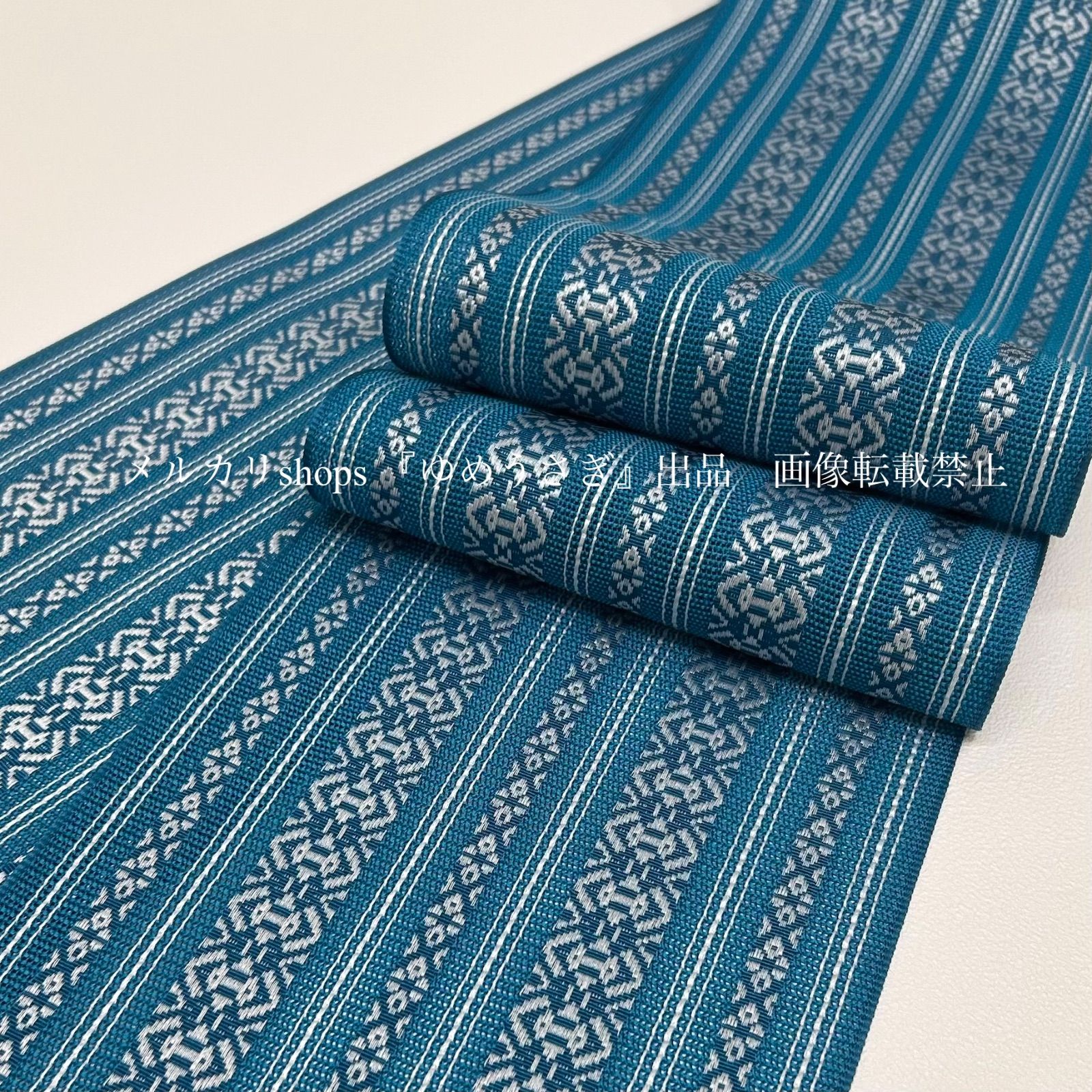 新品 夏用 紗 紗織 半幅帯 青系 魅力的ターコイズ 上品 献上柄 半幅帯