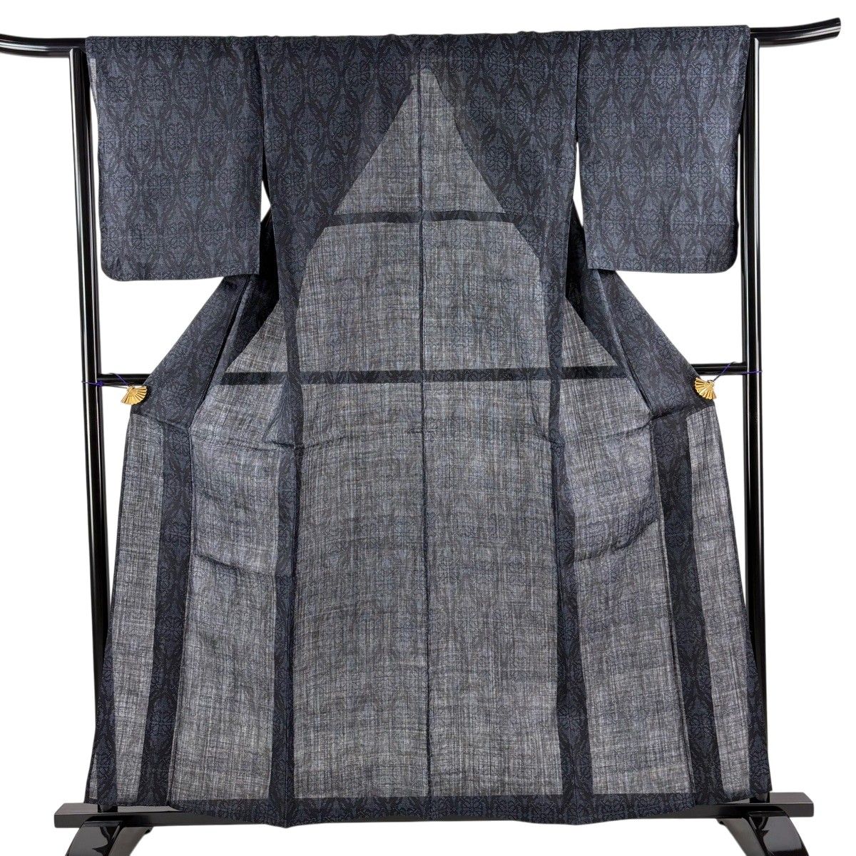 紬 身丈159cm 裄丈64cm M 薄物 宮古上布 華文 立涌 紺色 麻 逸品 【中古】