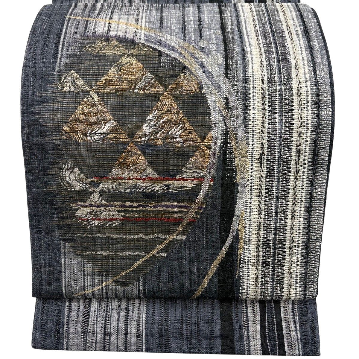 【美品】 袋帯 逸品 渡文 落款 夏帯 幾何学 箔 金糸 黒灰 お太鼓柄 正絹 【中古】