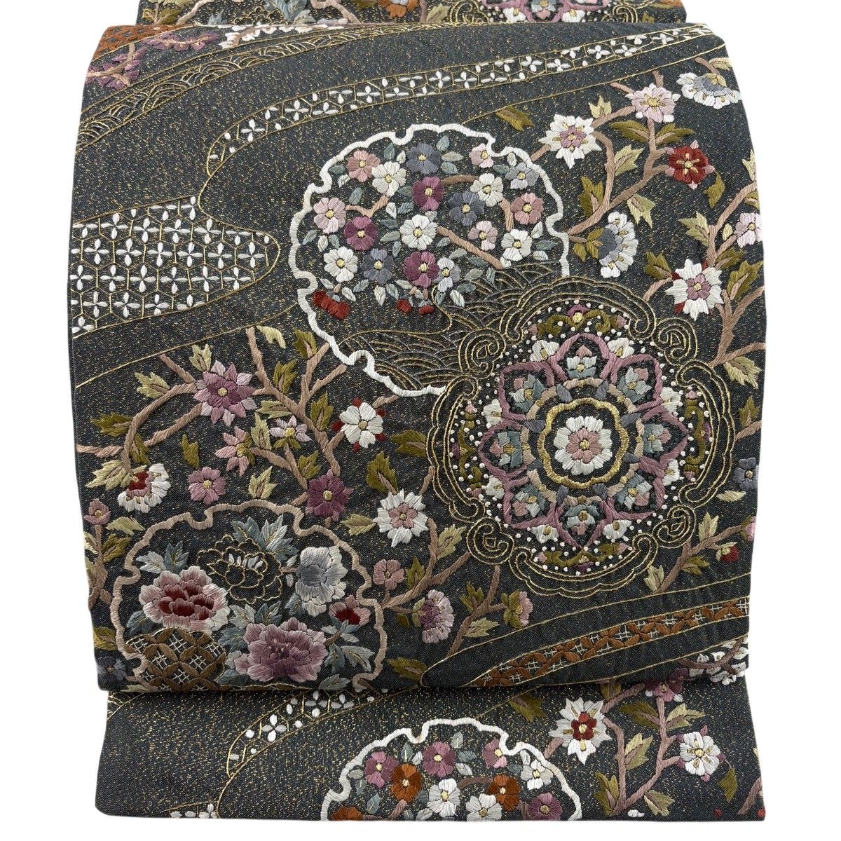 【美品】 袋帯 逸品 華文 雪輪 金糸 箔 深緑 六通 正絹 【中古】