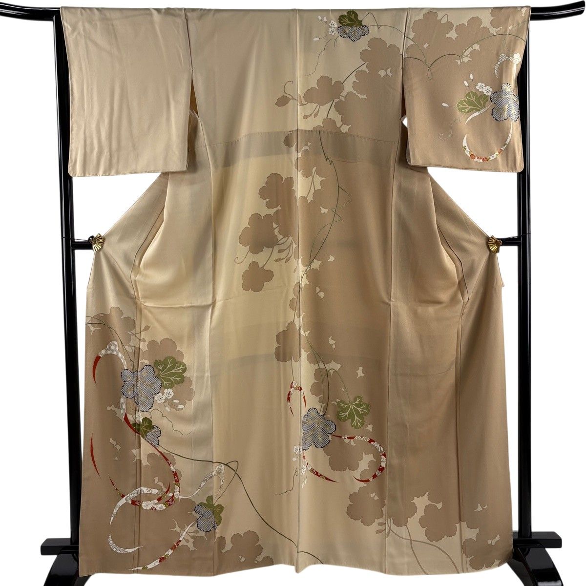 訪問着 身丈164cm 裄丈66cm M 袷 葉 花 金彩 ベージュ 正絹 秀品 【中古】