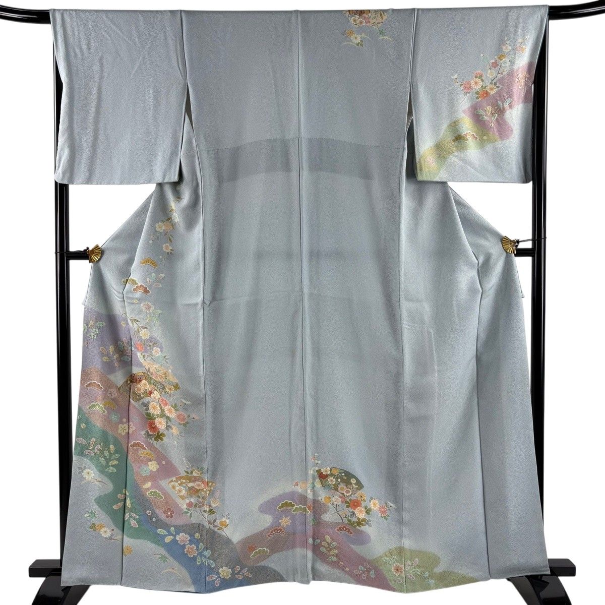 訪問着 身丈162cm 裄丈67cm M 袷 扇面 草花 金糸 金彩 水色 正絹 秀品 【中古】
