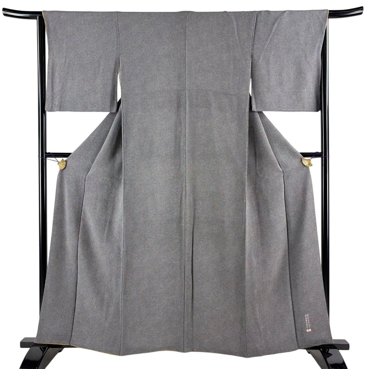 【美品】 江戸小紋 身丈159.5cm 裄丈63.5cm S 袷 落款 鮫 縮緬 黒灰 正絹 秀品 【中古】