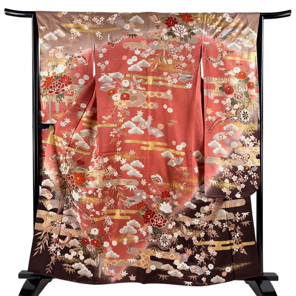 【美品】 振袖 身丈160.5cm 裄丈64cm M 袷 花車 蝶 金糸 金彩 茜色 正絹 秀品 【中古】