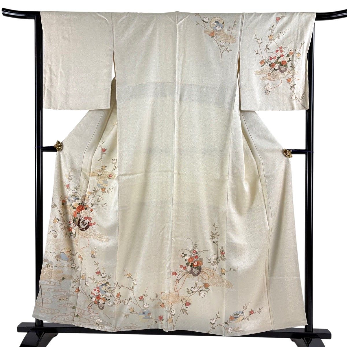 訪問着 身丈157cm 裄丈66.5cm M 袷 花車 雪輪 金彩 薄緑 正絹 秀品 【中古】