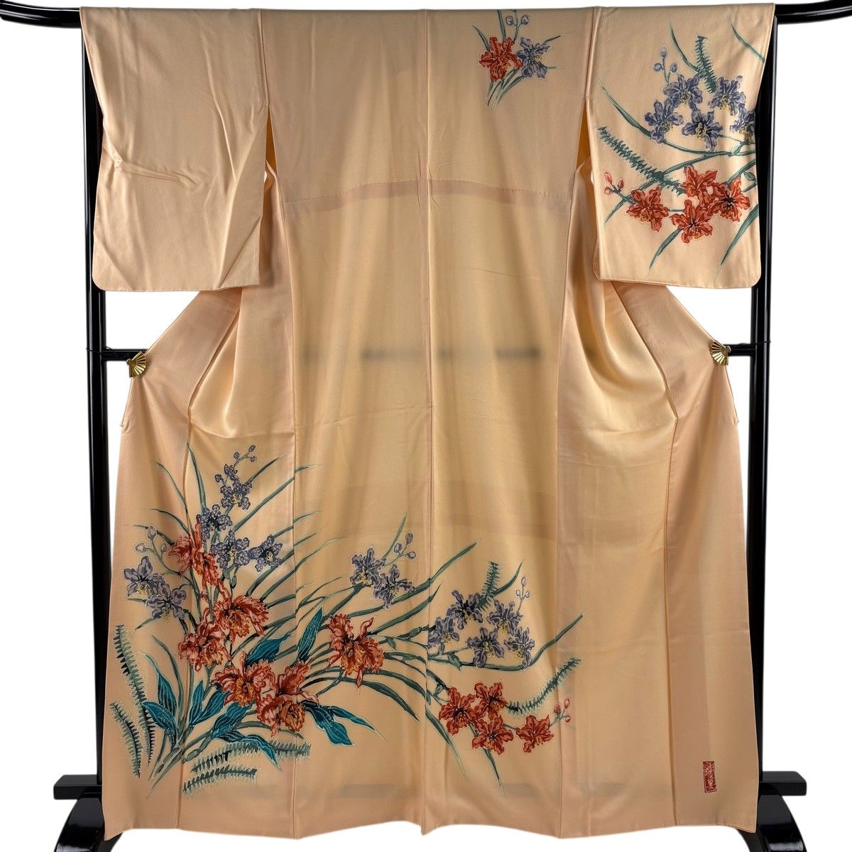 訪問着 身丈165.5cm 裄丈66cm M 袷 落款 草花 薄オレンジ 正絹 秀品 【中古】