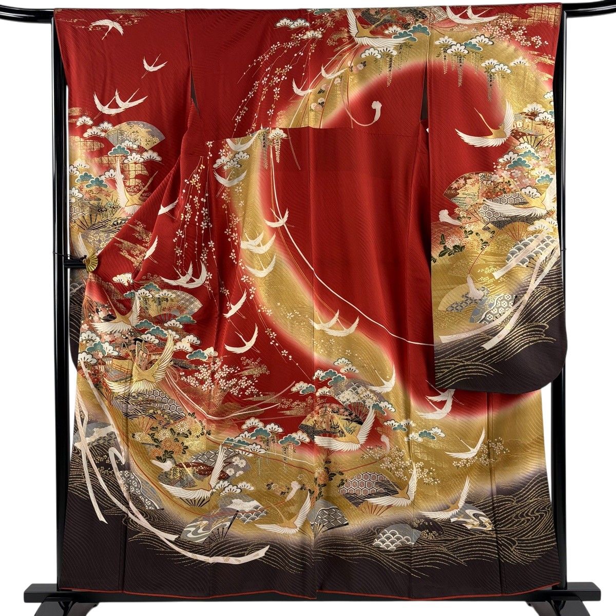振袖 身丈158cm 裄丈65cm M 袷 鶴 扇 金糸 金彩 赤 正絹 秀品 【中古】