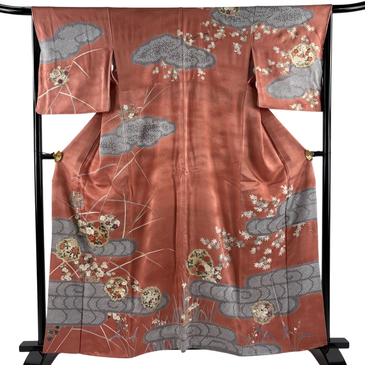 訪問着 身丈161cm 裄丈66cm M 袷 花丸文 霞 金糸 金彩 サーモンピンク 正絹 秀品 【中古】