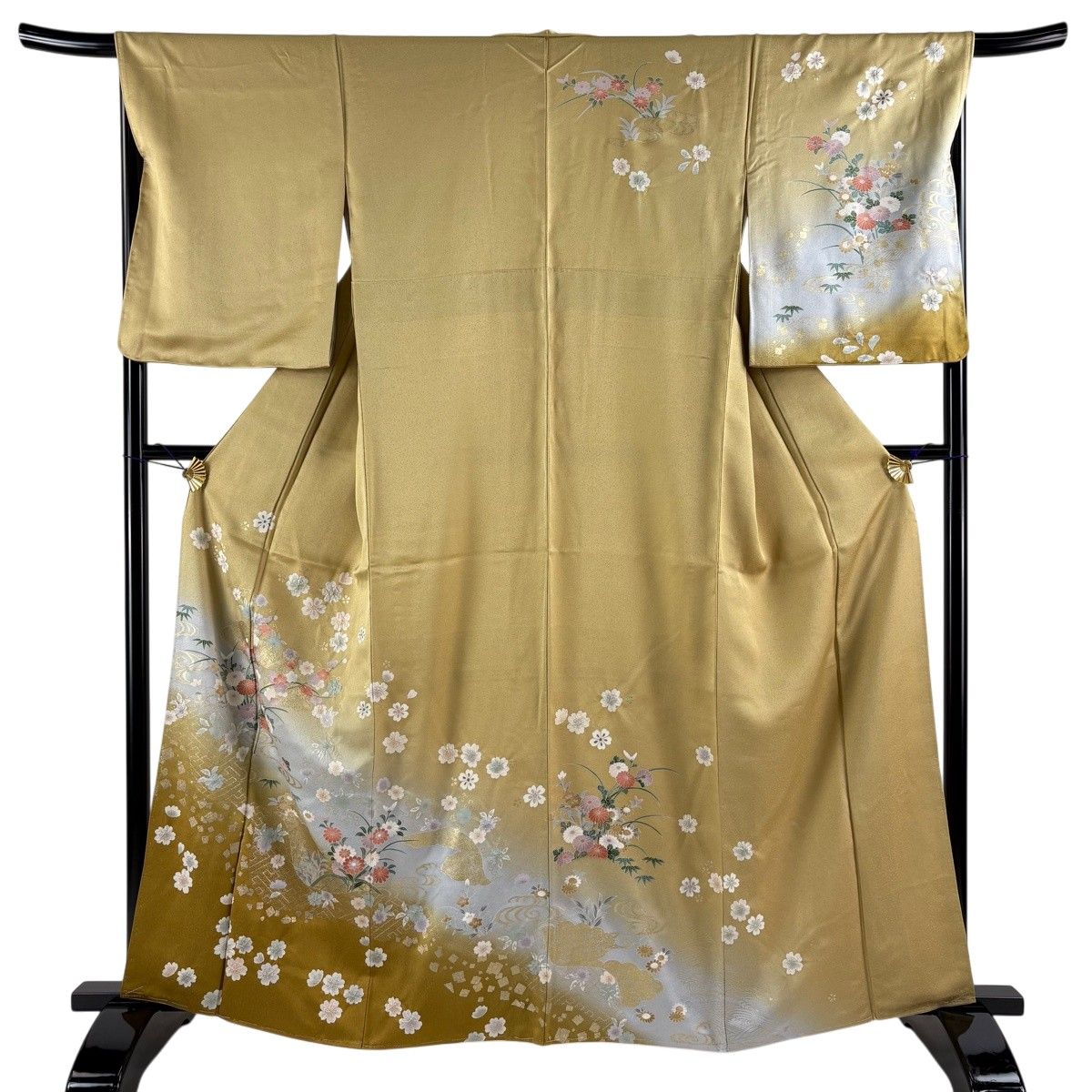 訪問着 身丈163cm 裄丈67.5cm L 袷 桜 流水 金彩 染め分け 薄黄土色 正絹 秀品 【中古】