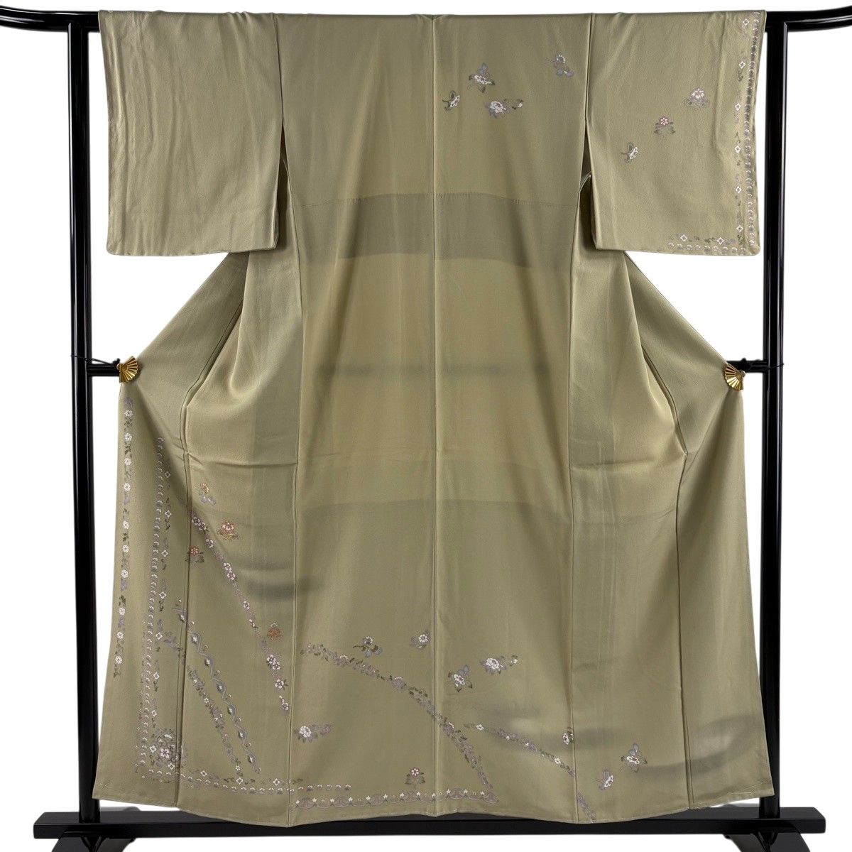 訪問着 身丈156cm 裄丈62.5cm S 袷 草花 霞 金糸 ぼかし 灰緑 正絹 秀品 【中古】
