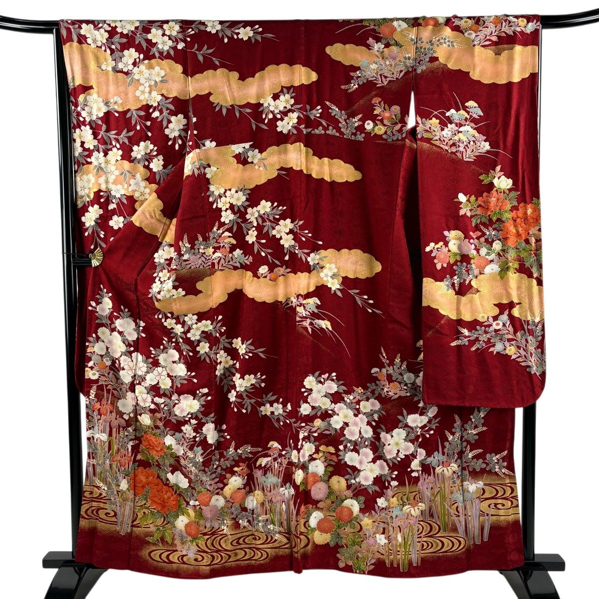 振袖 身丈159cm 裄丈65cm M 袷 ますいわ屋 草花 流水 金糸 金彩 茜色 正絹 秀品 【中古】