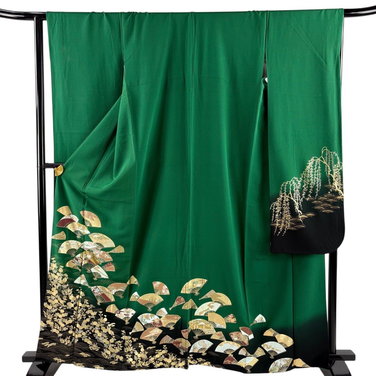 振袖 身丈162cm 裄丈65cm M 袷 扇 波 金銀彩 染め分け 緑 正絹 秀品 【中古】
