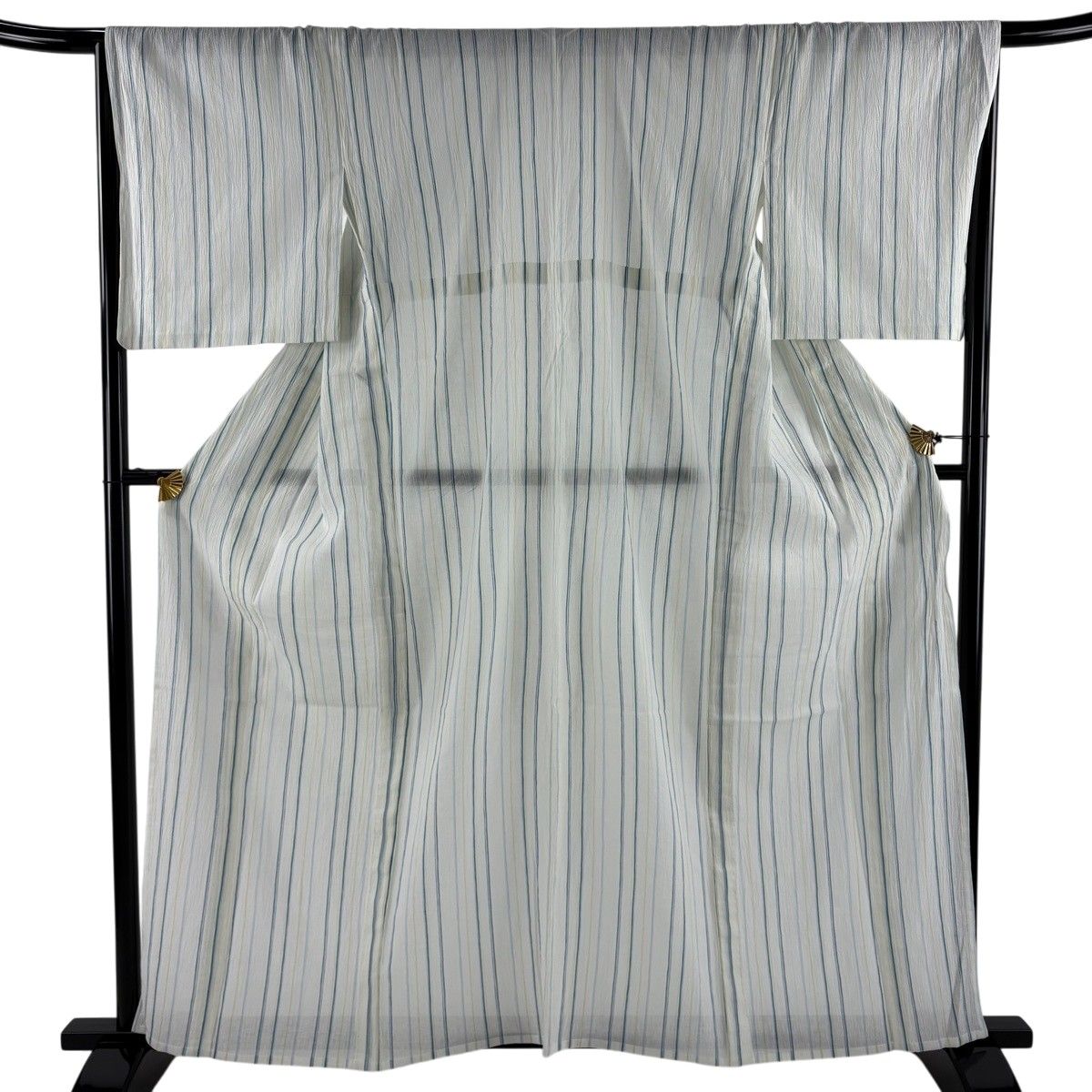 紬 身丈160cm 裄丈67cm M 単衣 洗える着物 縦縞 白 綿 秀品 【中古】