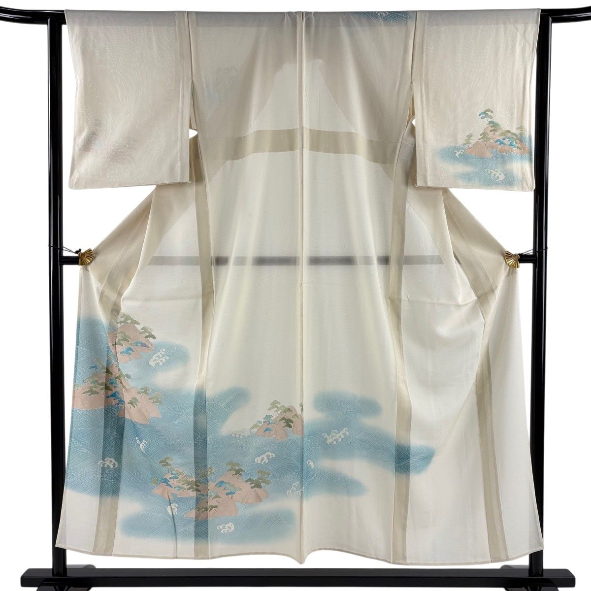 付下げ 身丈154cm 裄丈62.5cm S 薄物 絽 松 波頭 銀彩 ぼかし クリーム 正絹 秀品 【中古】
