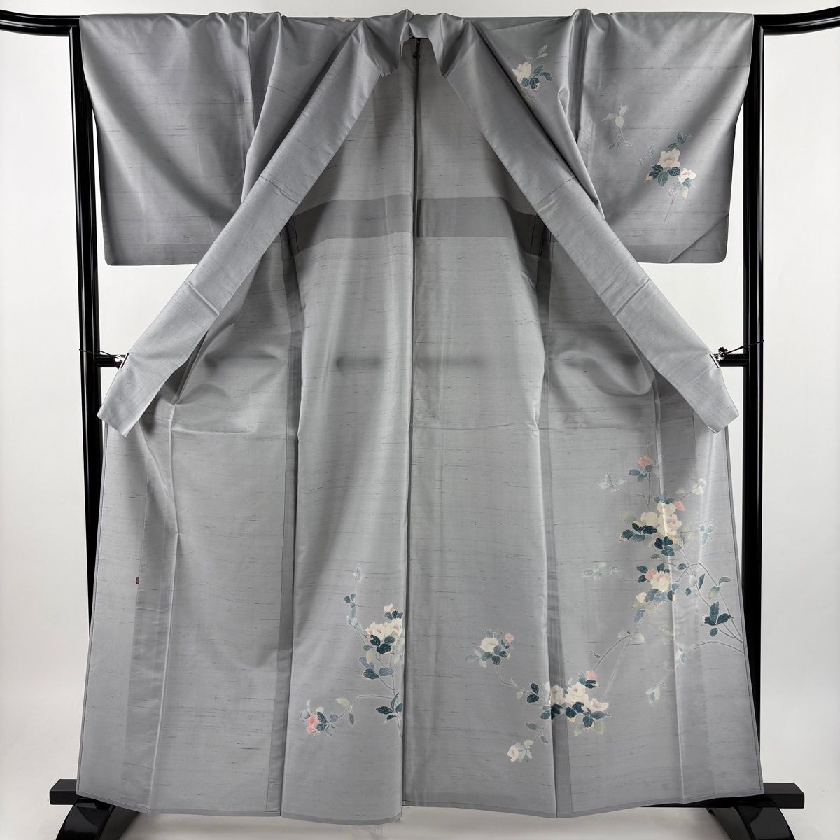 付下げ 身丈161.5cm 裄丈65.5cm M 単衣 紬地 落款 枝花 灰色 正絹 秀品