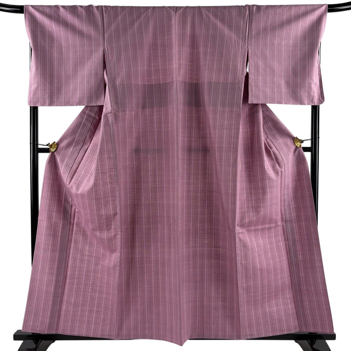 【美品】 紬 身丈160cm 裄丈70cm L 単衣 縦縞 ピンク 正絹 秀品 【中古】