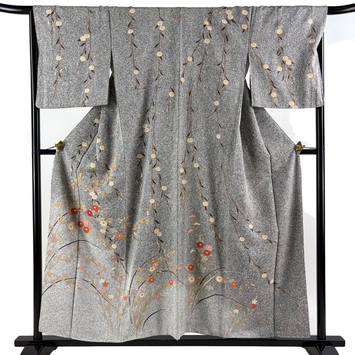 訪問着 身丈156cm 裄丈67.5cm L 袷 菊 萩 金彩 ぼかし 黒灰 正絹 秀品