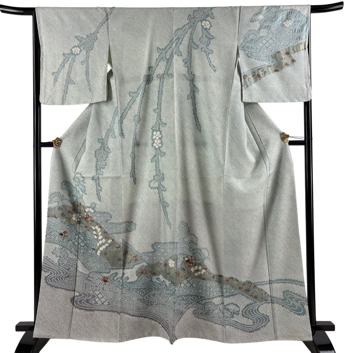 訪問着 身丈163cm 裄丈66.5cm M 袷 草花 青海波 刺繍 絞り 灰緑 正絹 秀品 【中古】