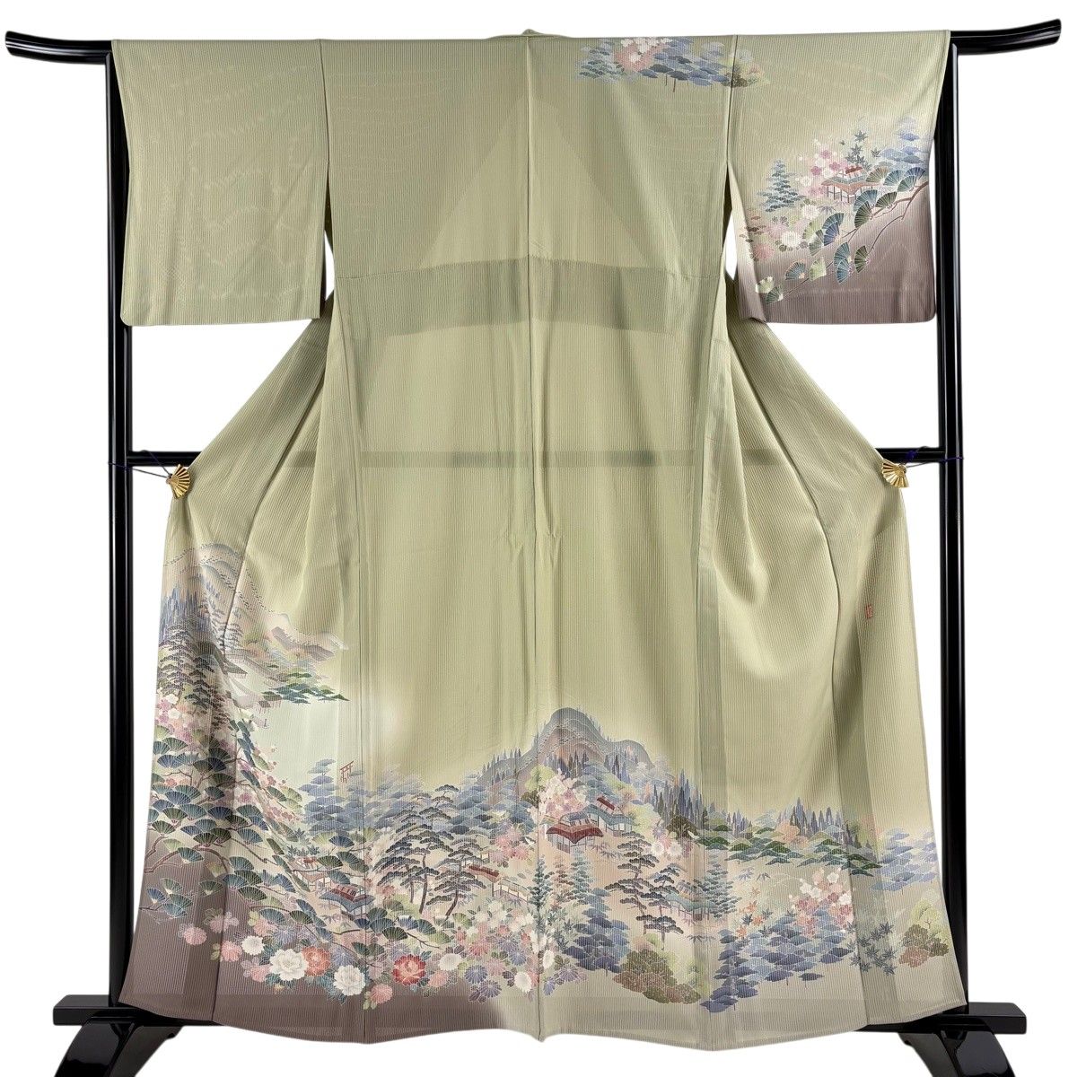 訪問着 身丈159.5cm 裄丈65cm M 薄物 田村哲彦 縦絽 落款 建物 松竹梅 染め分け ぼかし 灰緑 正絹 名品 【中古】